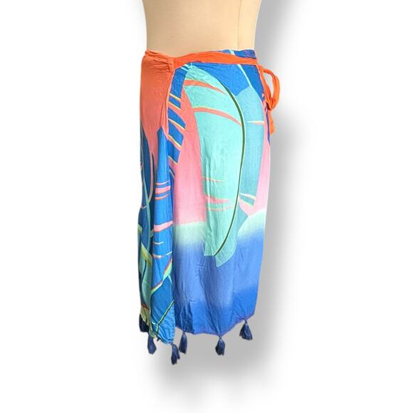 Farm Rio Tropical Toucan Sarong Skirt Tassel Hem Ombre Sunset Wrap Fringe Size P - Picture 2 of 12